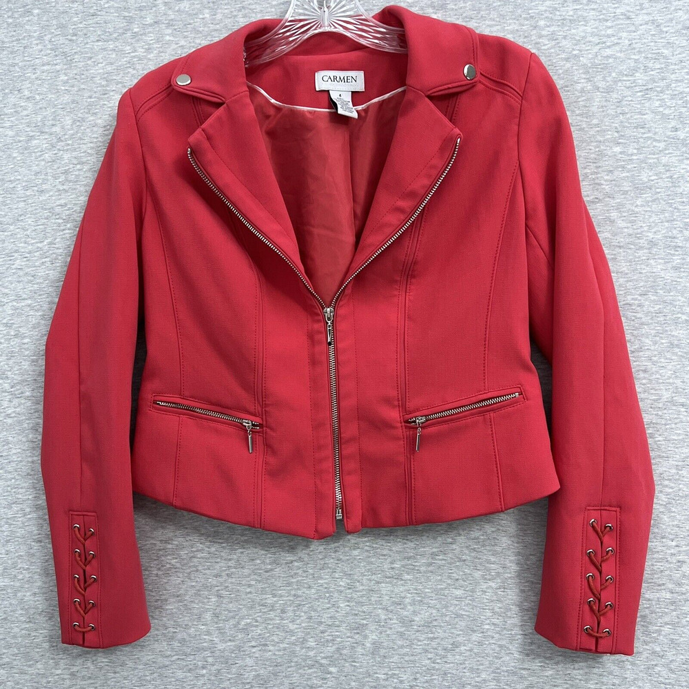 Carmen Marc Valvo Moto Knit Jacket Women's 4 Watermelon Red Stretch Laced Sleeve